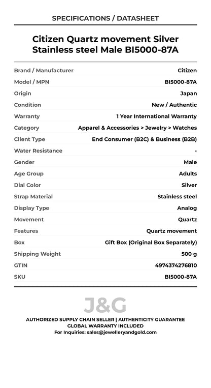 Citizen Quartz movement Silver Stainless steel Male BI5000-87A - Specifications