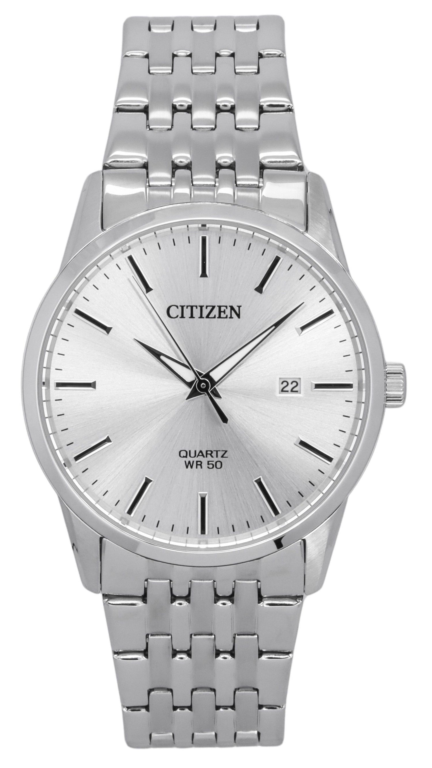 Citizen Quartz movement Silver Stainless steel Male BI5000-87A. A brand-new Citizen watch featuring a Silver dial and a Stainless steel strap. Side view.