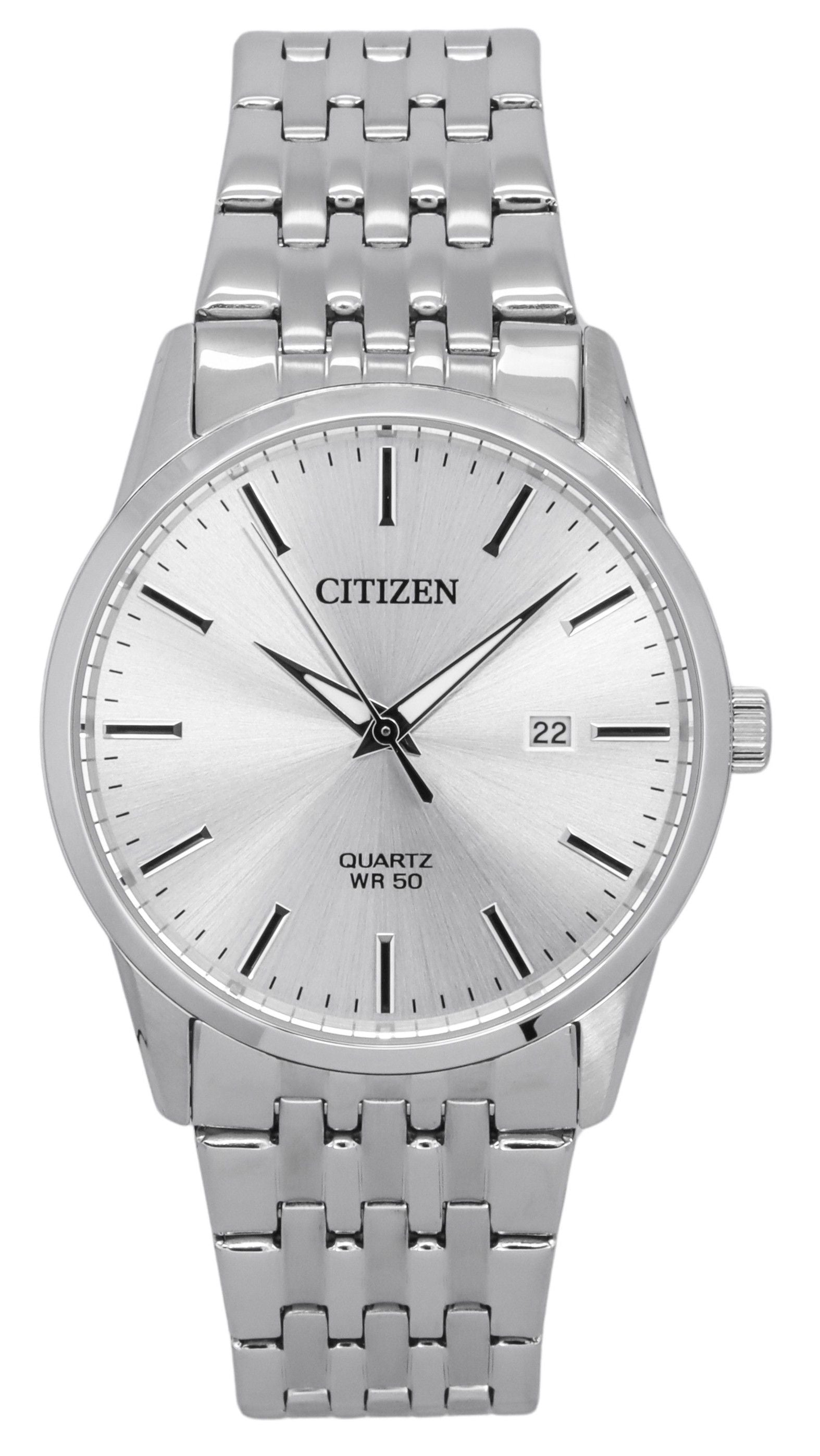 Citizen Quartz movement Silver Stainless steel Male BI5000-87A. A brand-new Citizen watch featuring a Silver dial and a Stainless steel strap. Side view.