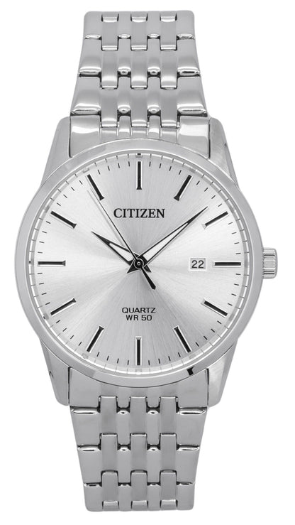 Citizen Quartz movement Silver Stainless steel Male BI5000-87A. A brand-new Citizen watch featuring a Silver dial and a Stainless steel strap. Side view.