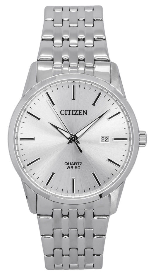 Citizen Quartz movement Silver Stainless steel Male BI5000-87A. A brand-new Citizen watch featuring a Silver dial and a Stainless steel strap. Side view.