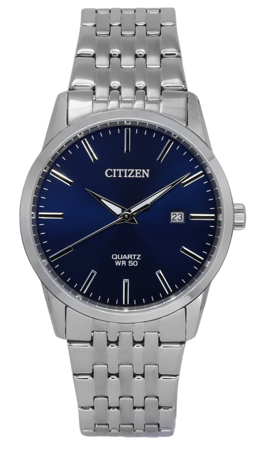 Citizen Quartz movement Blue Stainless steel Male BI5000-87L. A brand-new Citizen watch featuring a Blue dial and a Stainless steel strap. Angled view.