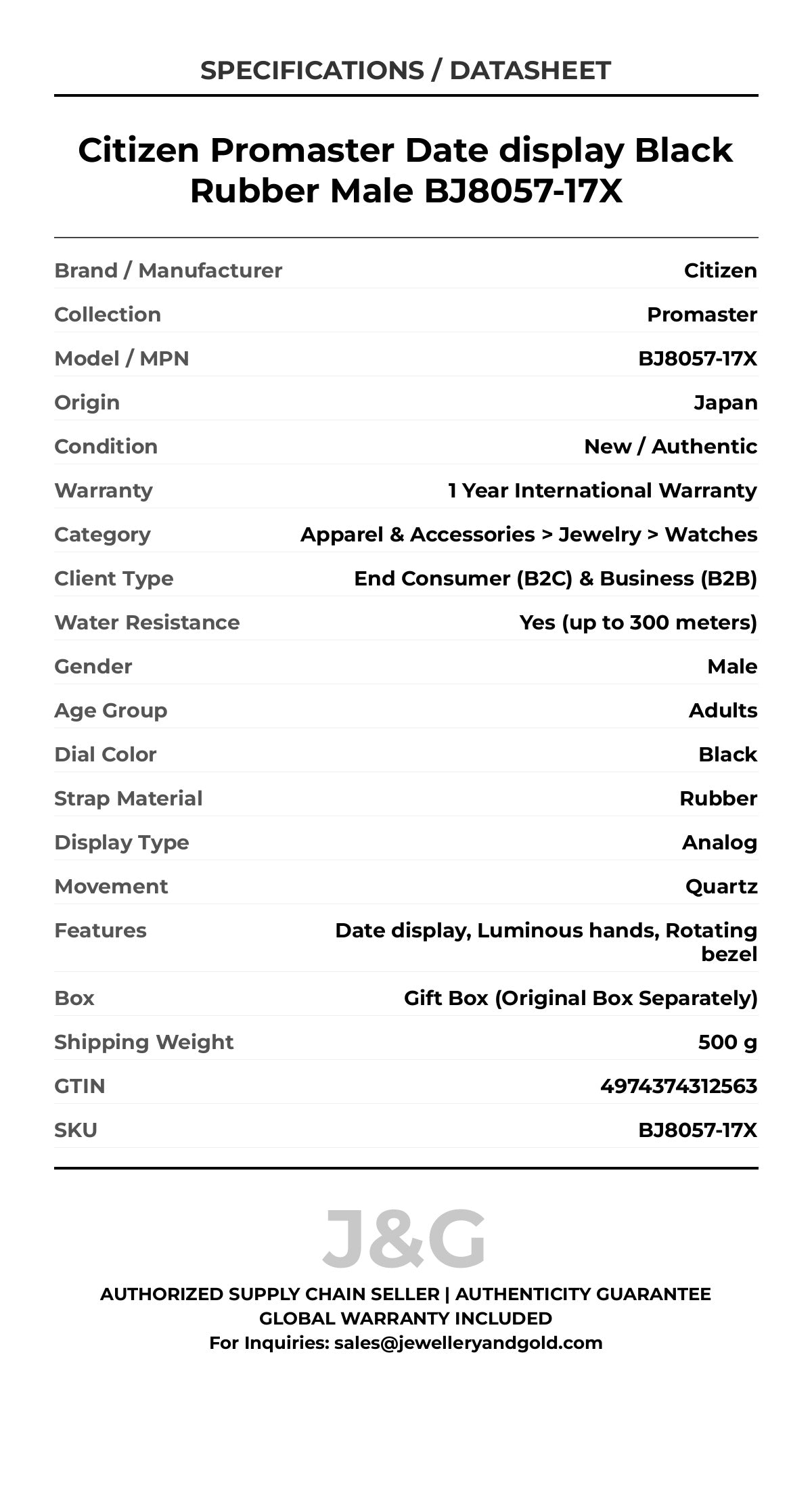 Citizen Promaster Date display Black Rubber Male BJ8057-17X - Specifications