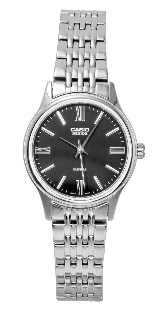 Casio Quartz movement Black Stainless steel Female BLS-100D-1AV. A brand-new Casio watch featuring a Black dial and a Stainless steel strap. Front view.