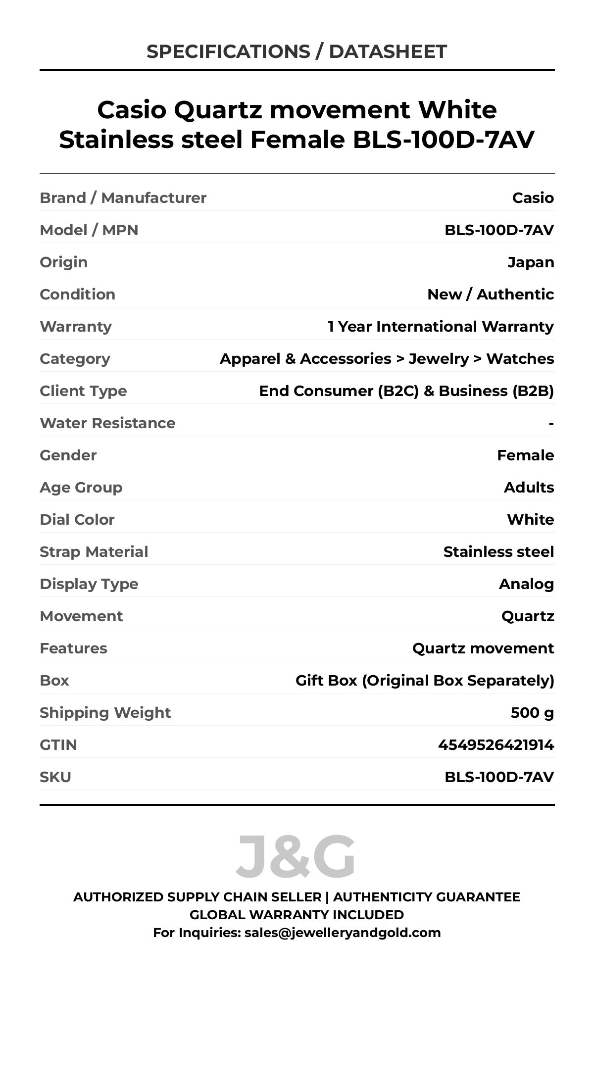 Casio Quartz movement White Stainless steel Female BLS-100D-7AV - Specifications