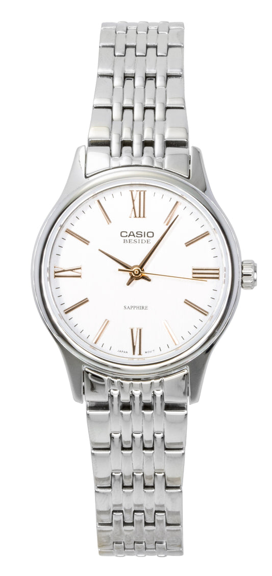 Casio Quartz movement White Stainless steel Female BLS-100D-7AV. A brand-new Casio watch featuring a White dial and a Stainless steel strap. Side view.