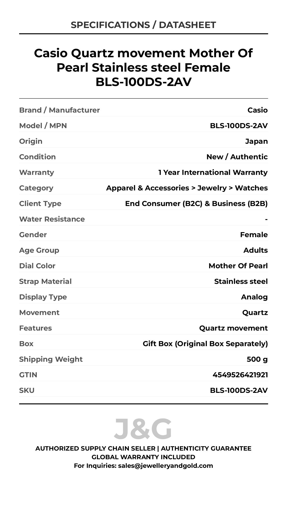 Casio Quartz movement Mother Of Pearl Stainless steel Female BLS-100DS-2AV - Specifications