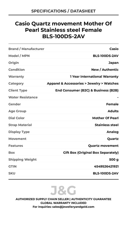 Casio Quartz movement Mother Of Pearl Stainless steel Female BLS-100DS-2AV - Specifications