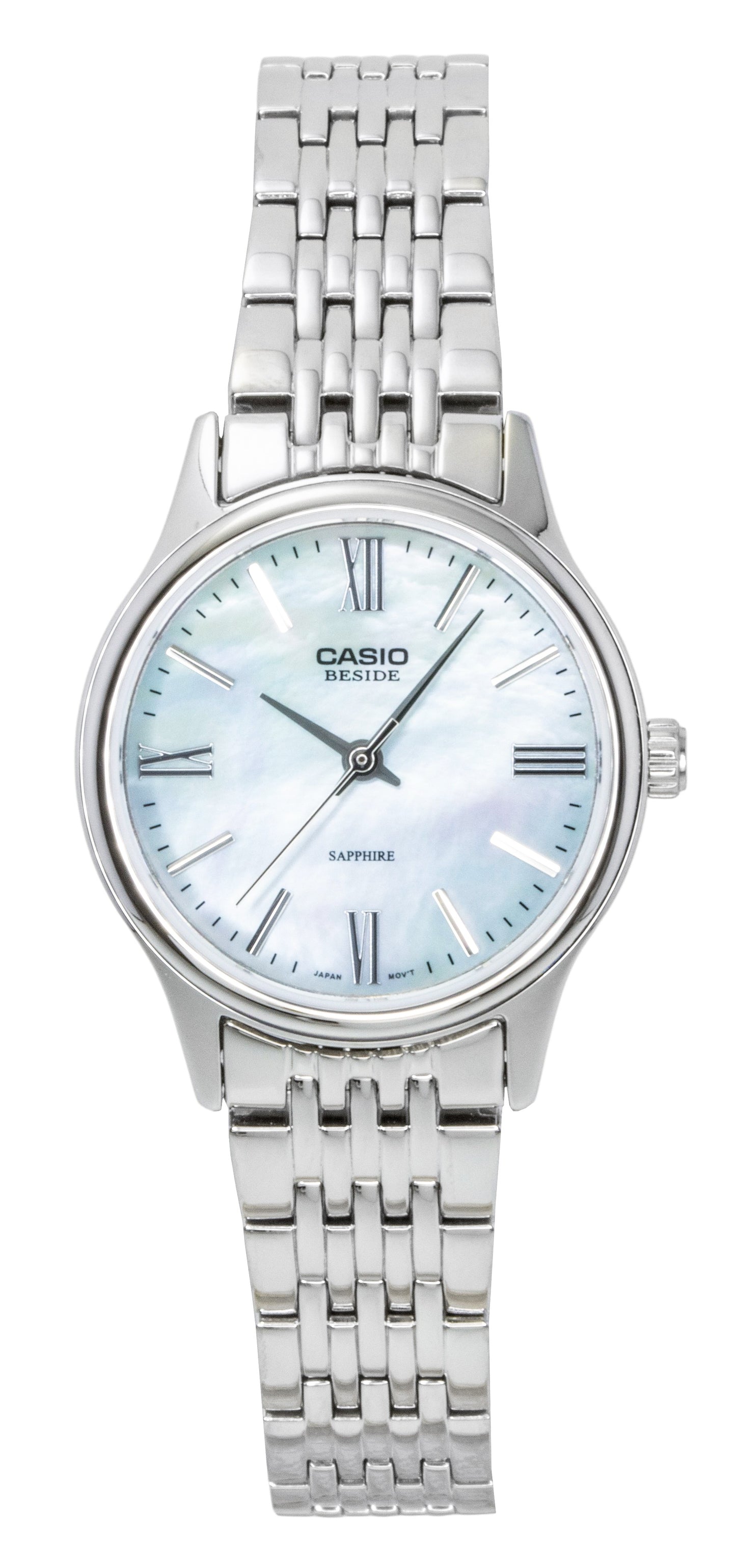 Casio Quartz movement Mother Of Pearl Stainless steel Female BLS-100DS-2AV. A brand-new Casio watch featuring a Mother Of Pearl dial and a Stainless steel strap. Side view.