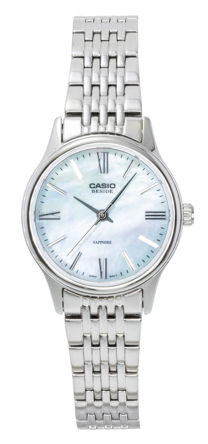 Casio Quartz movement Mother Of Pearl Stainless steel Female BLS-100DS-2AV. A brand-new Casio watch featuring a Mother Of Pearl dial and a Stainless steel strap. Side view.