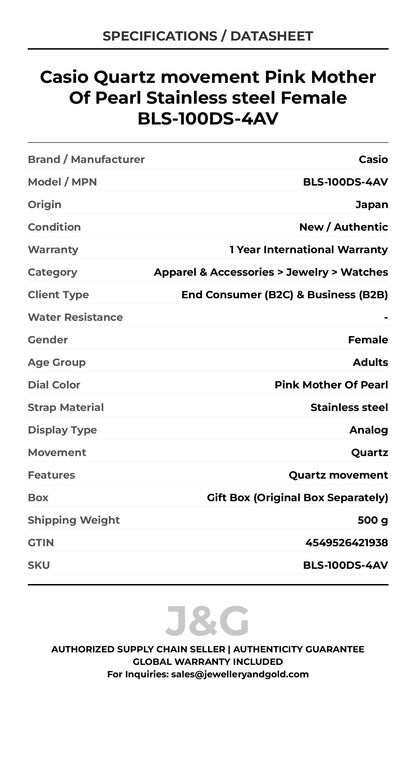 Casio Quartz movement Pink Mother Of Pearl Stainless steel Female BLS-100DS-4AV - Specifications