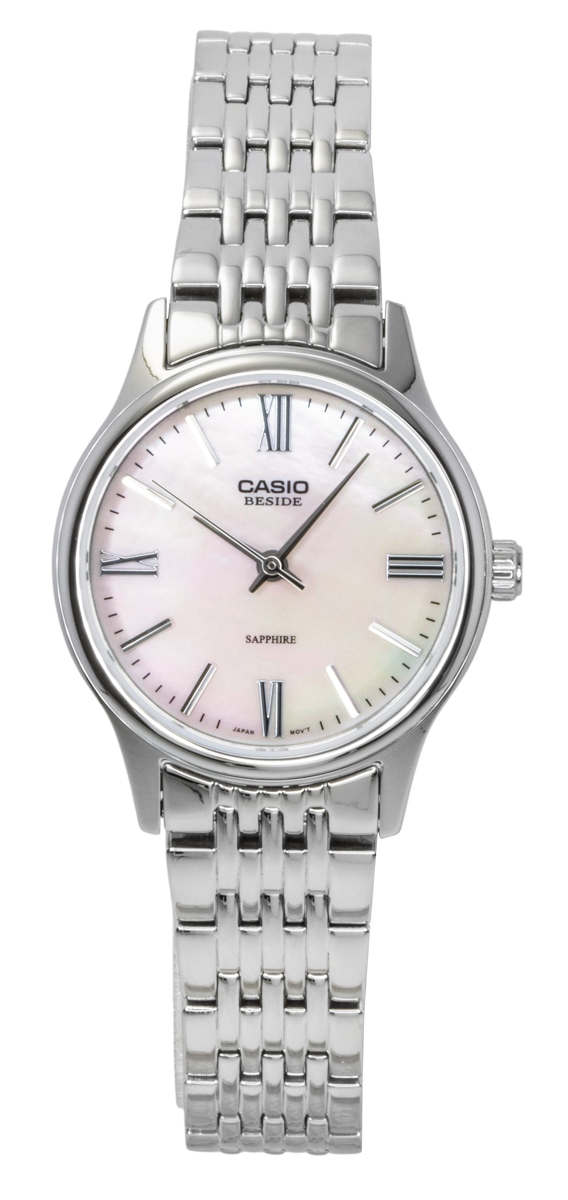 Casio Quartz movement Pink Mother Of Pearl Stainless steel Female BLS-100DS-4AV. A brand-new Casio watch featuring a Pink Mother Of Pearl dial and a Stainless steel strap. Front view.