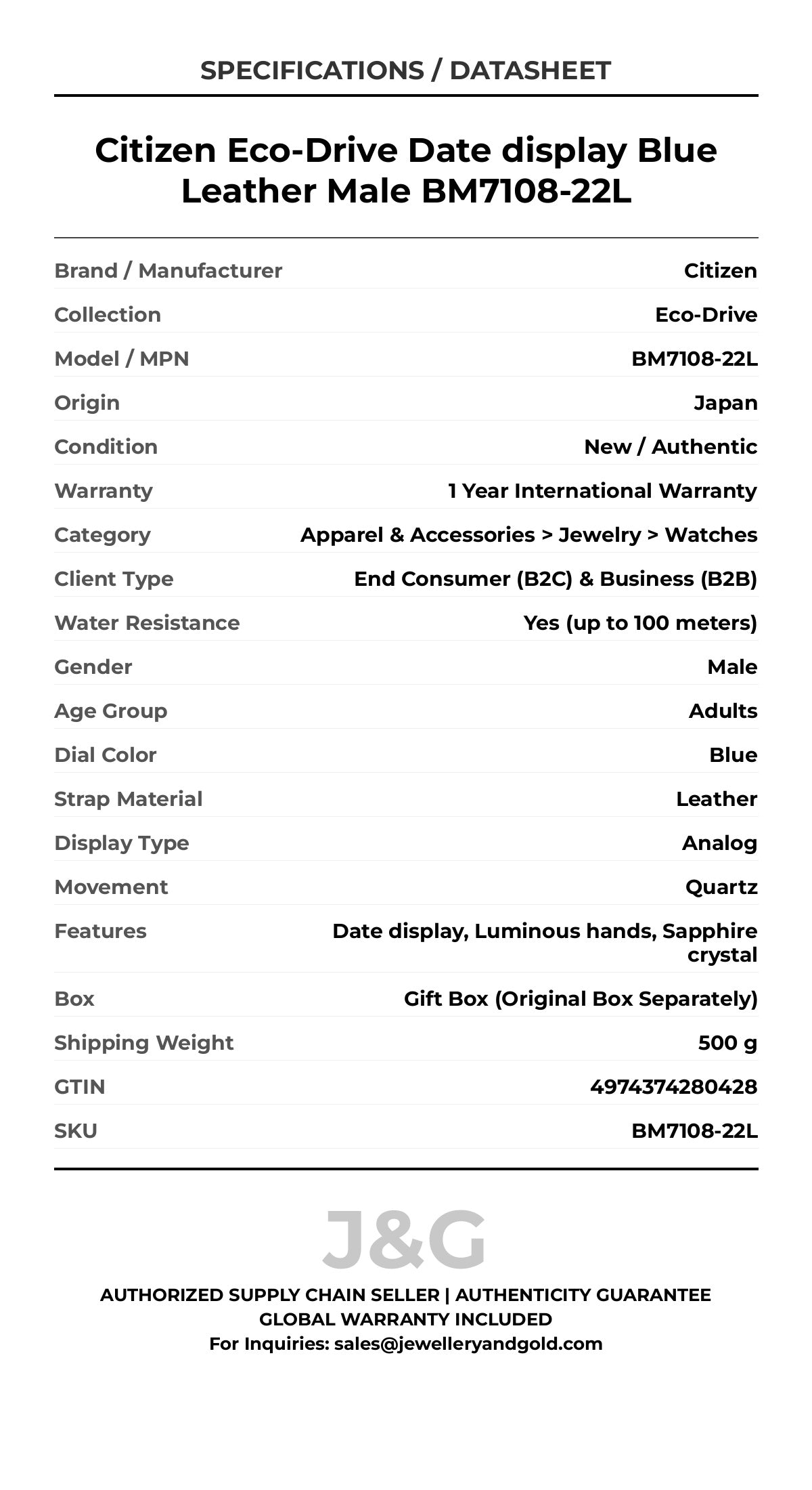 Citizen Eco-Drive Date display Blue Leather Male BM7108-22L - Specifications