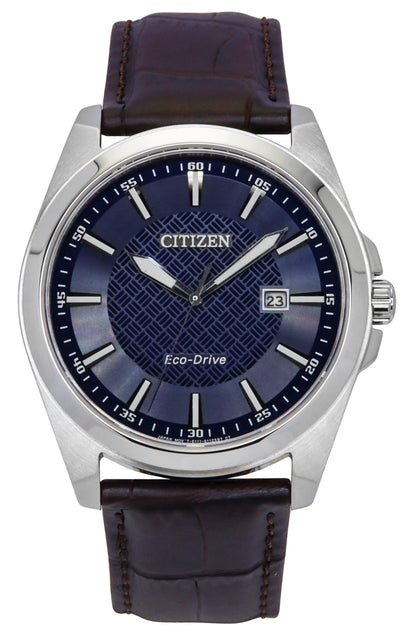 Citizen Eco-Drive Date display Blue Leather Male BM7108-22L. A brand-new Citizen Eco-Drive watch featuring a Blue dial and a Leather strap. Angled view.