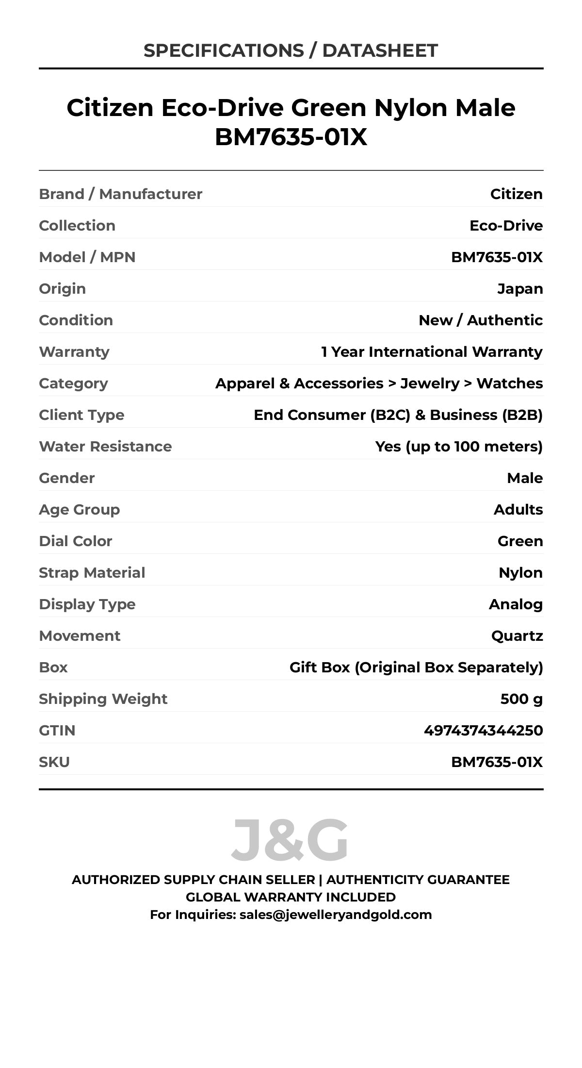 Citizen Eco-Drive Green Nylon Male BM7635-01X - Specifications