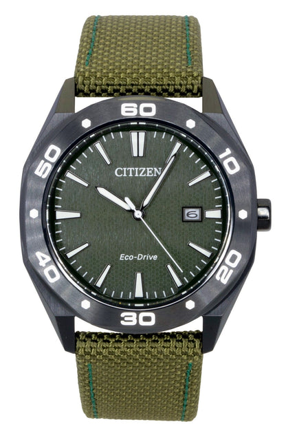 Citizen Eco-Drive Green Nylon Male BM7635-01X. A brand-new Citizen Eco-Drive watch featuring a Green dial and a Nylon strap. Front view.