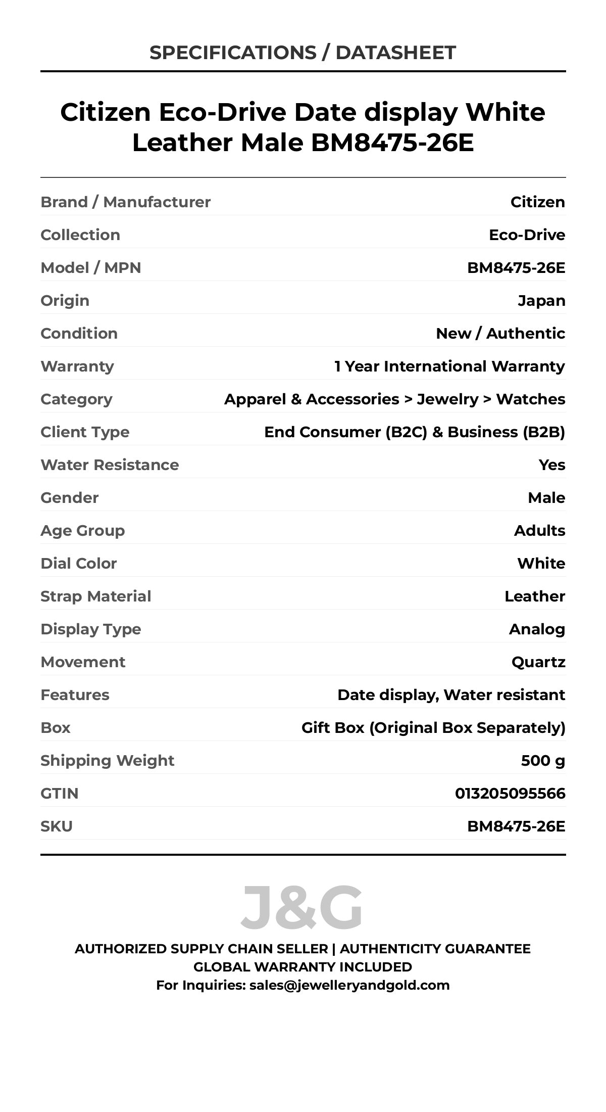Citizen Eco-Drive Date display White Leather Male BM8475-26E - Specifications