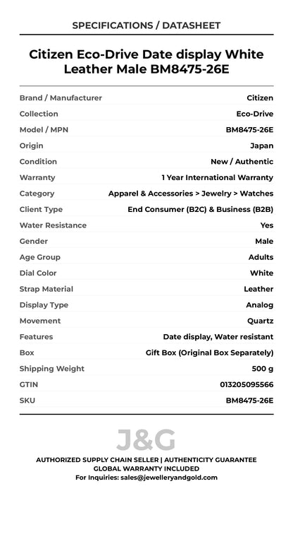 Citizen Eco-Drive Date display White Leather Male BM8475-26E - Specifications