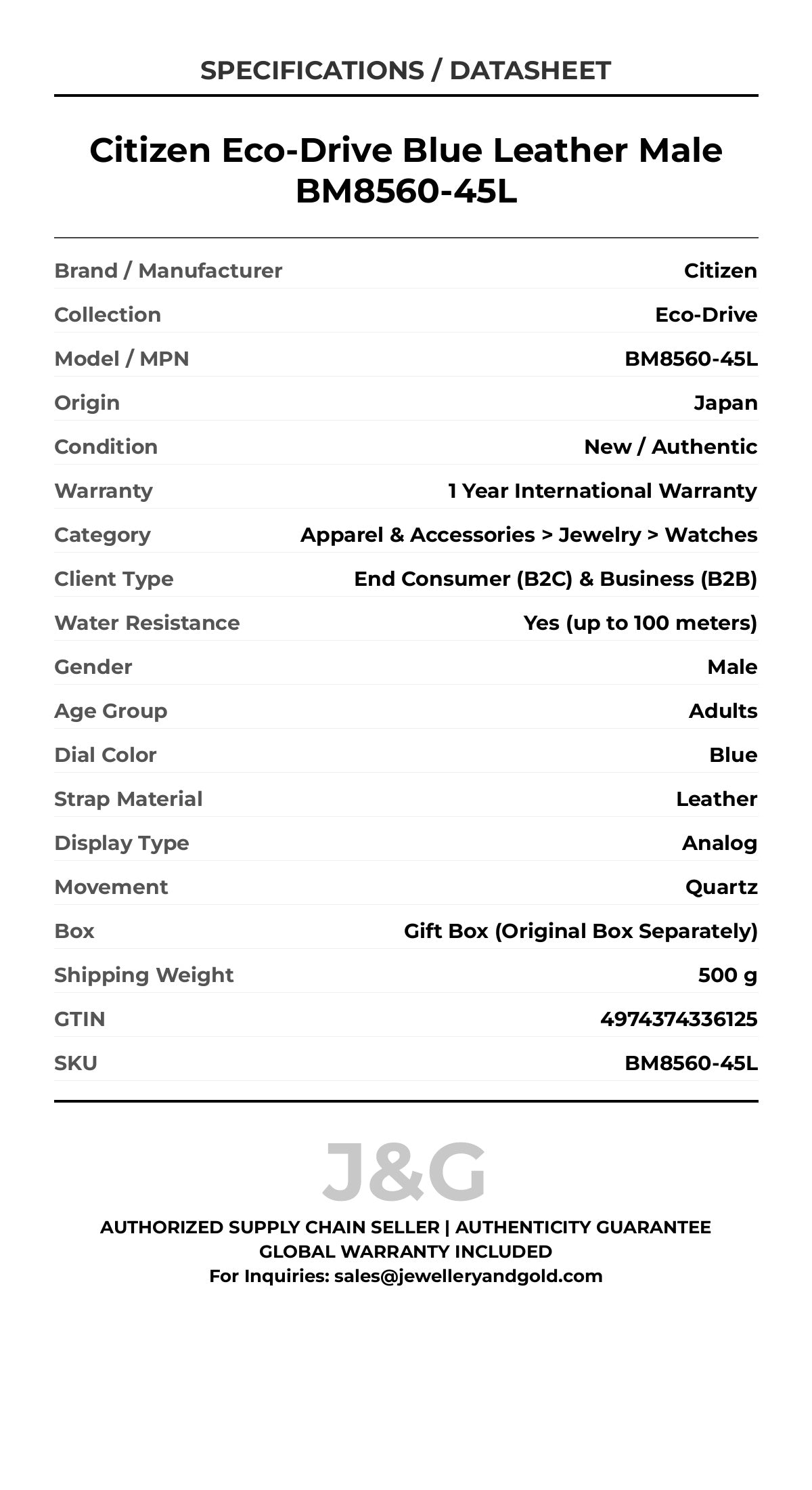 Citizen Eco-Drive Blue Leather Male BM8560-45L - Specifications