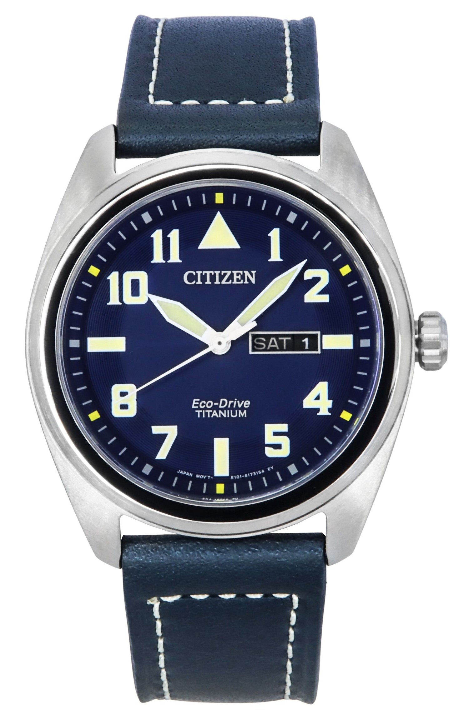 Citizen Eco-Drive Blue Leather Male BM8560-45L. A brand-new Citizen Eco-Drive watch featuring a Blue dial and a Leather strap. Front view.