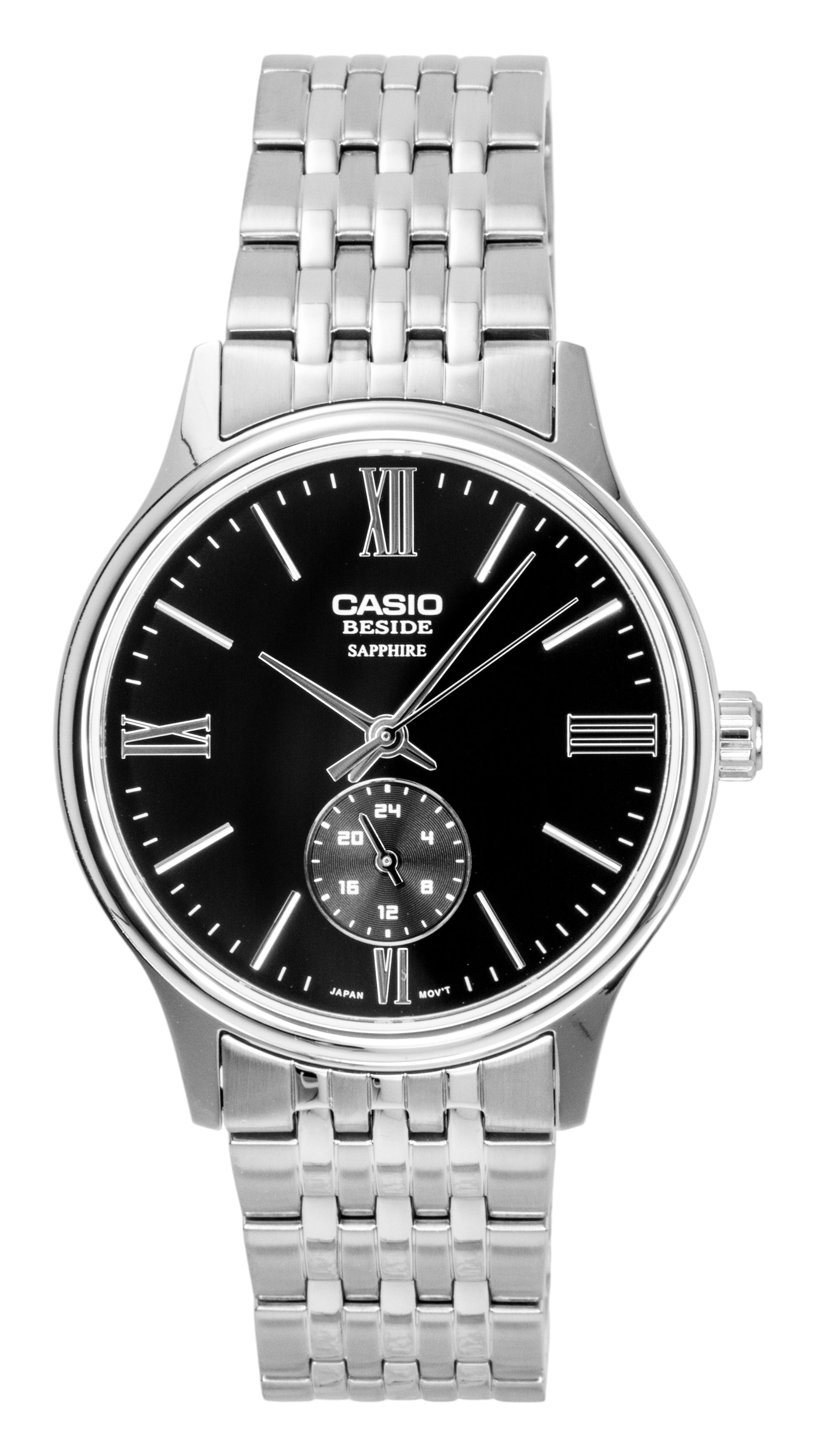 Casio Quartz movement Black Stainless steel Male BMS-100D-1AV. A brand-new Casio watch featuring a Black dial and a Stainless steel strap. Side view.