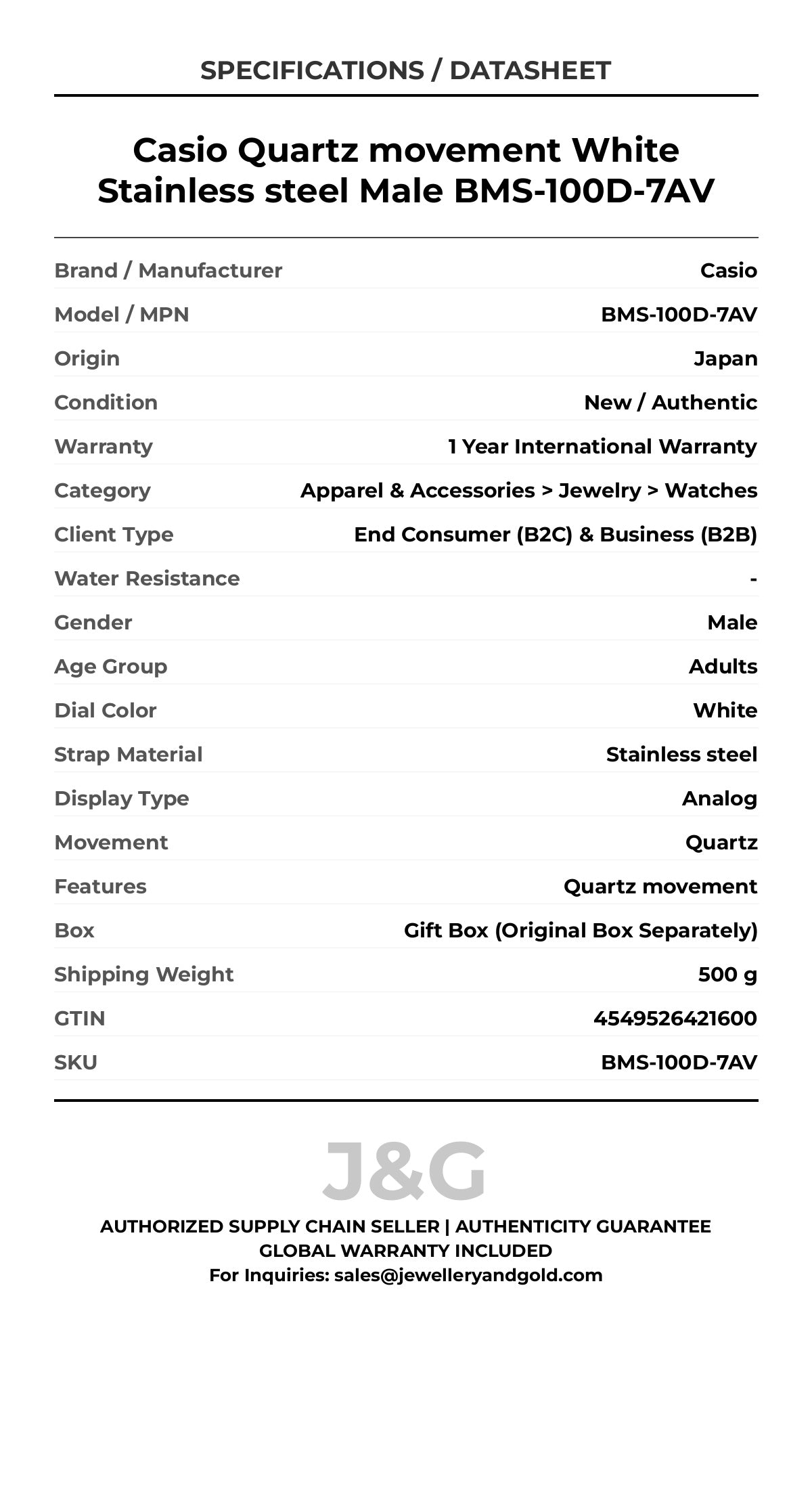 Casio Quartz movement White Stainless steel Male BMS-100D-7AV - Specifications