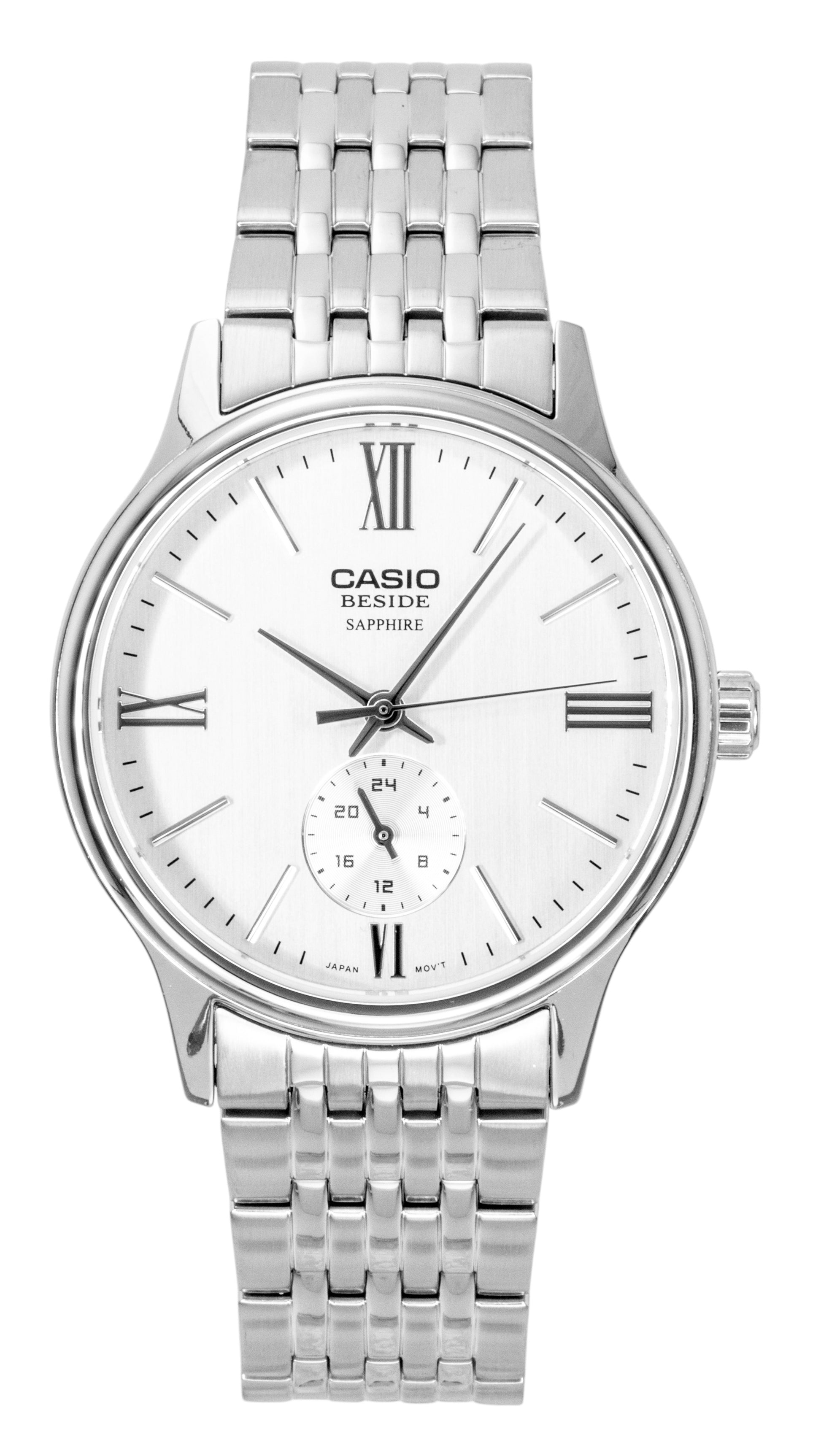Casio Quartz movement White Stainless steel Male BMS-100D-7AV. A brand-new Casio watch featuring a White dial and a Stainless steel strap. Side view.