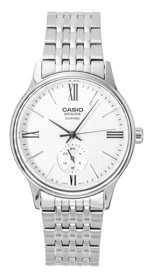 Casio Quartz movement White Stainless steel Male BMS-100D-7AV. A brand-new Casio watch featuring a White dial and a Stainless steel strap. Side view.