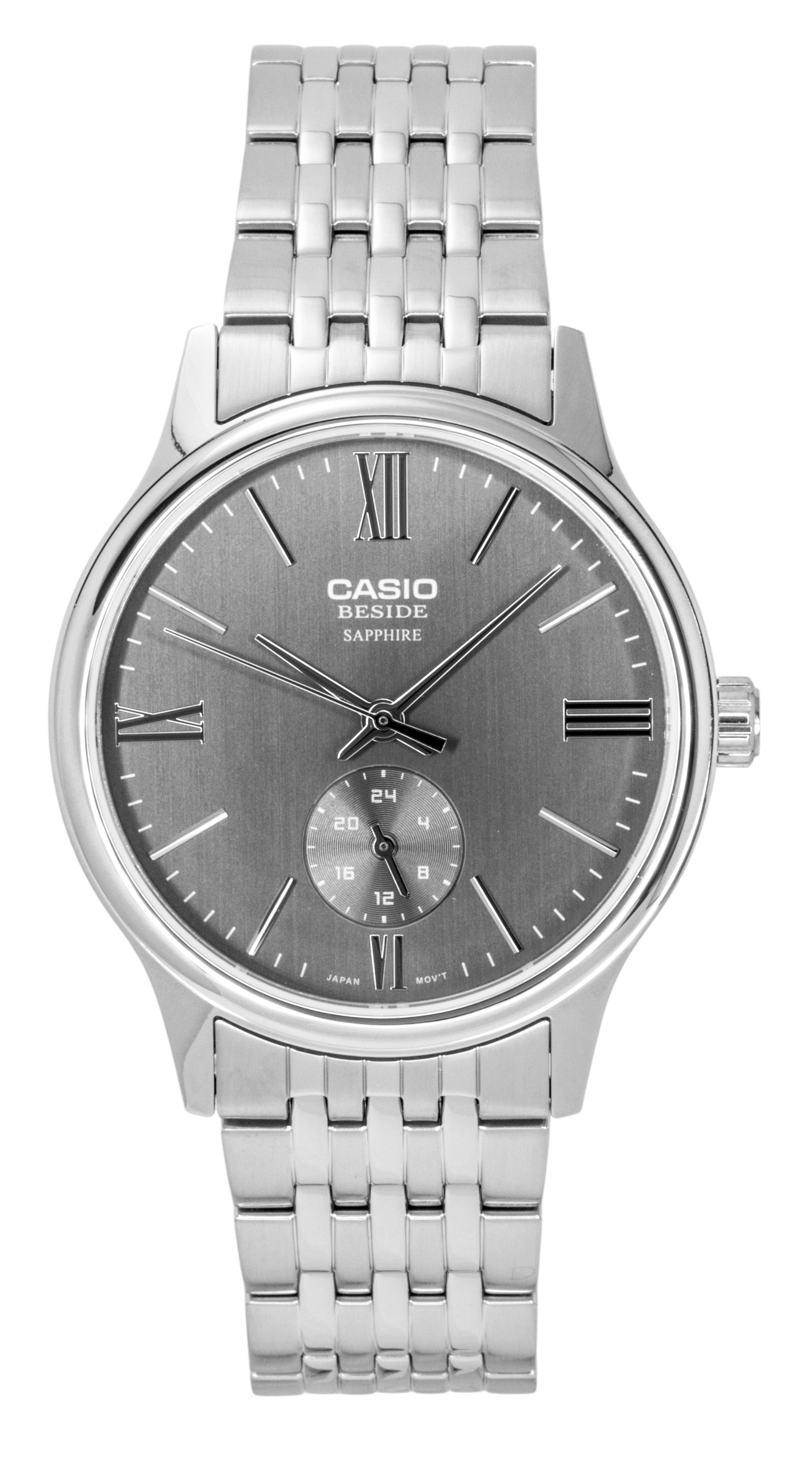 Casio Quartz movement Grey Stainless steel Male BMS-100D-8AV. A brand-new Casio watch featuring a Grey dial and a Stainless steel strap. Side view.