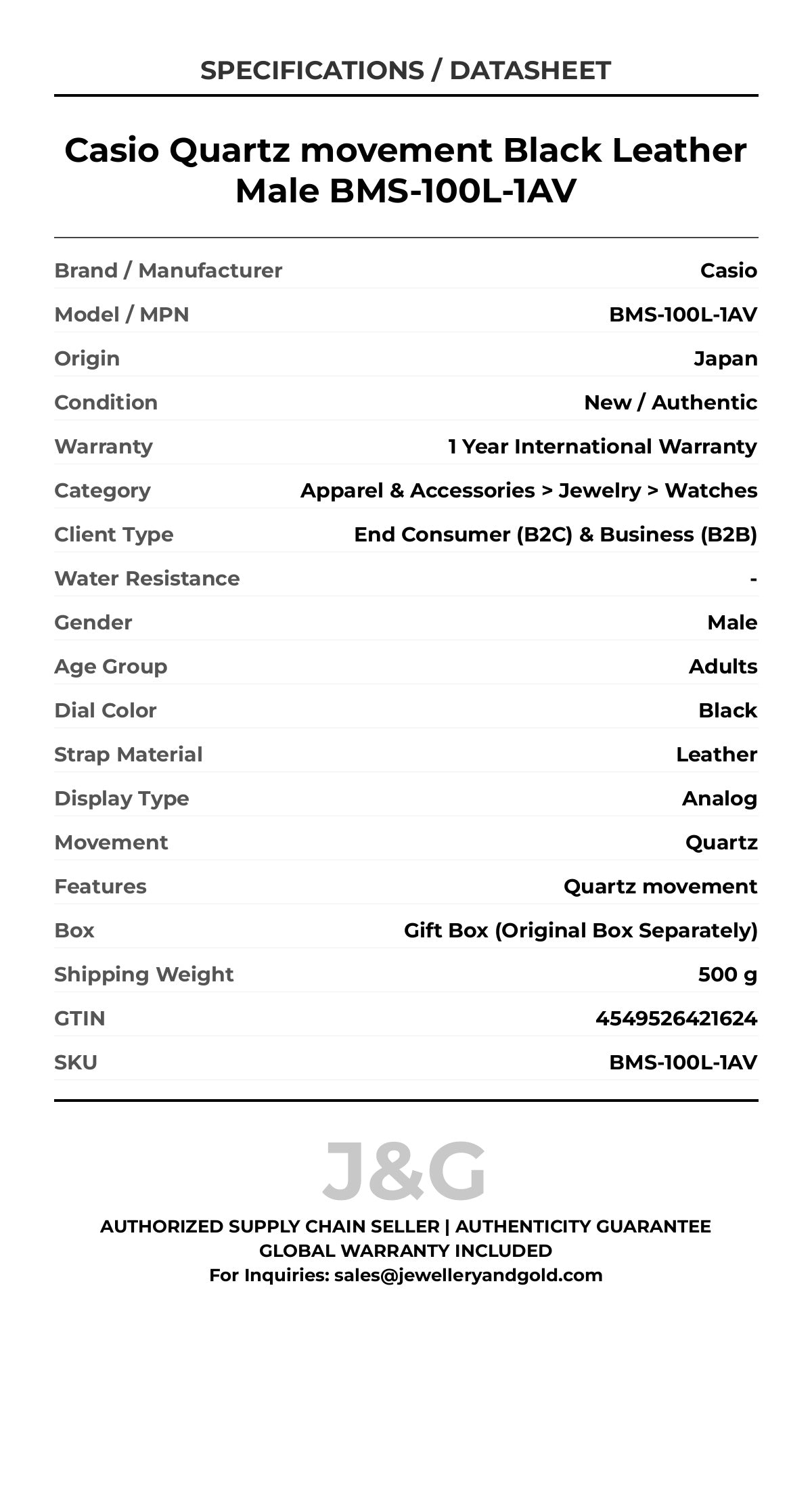 Casio Quartz movement Black Leather Male BMS-100L-1AV - Specifications