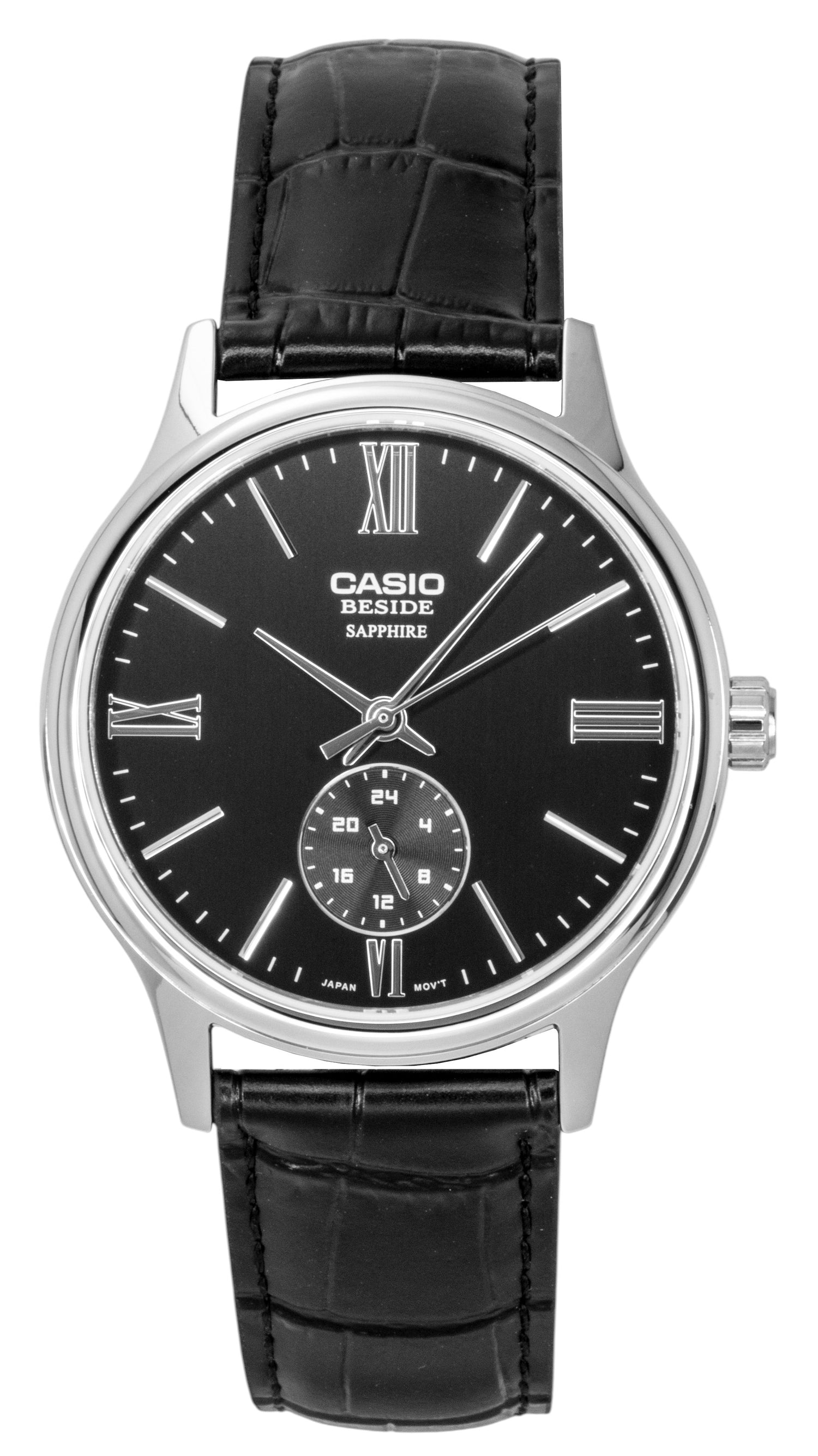 Casio Quartz movement Black Leather Male BMS-100L-1AV. A brand-new Casio watch featuring a Black dial and a Leather strap. Side view.