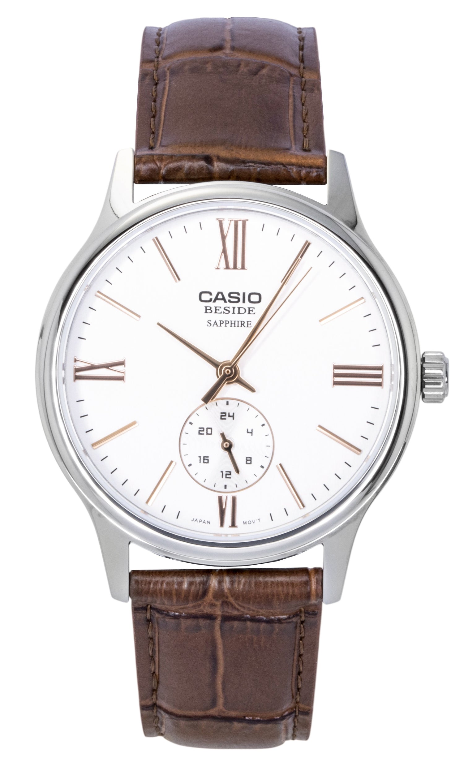 Casio Quartz movement White Leather Male BMS-100L-5AV. A brand-new Casio watch featuring a White dial and a Leather strap. Side view.
