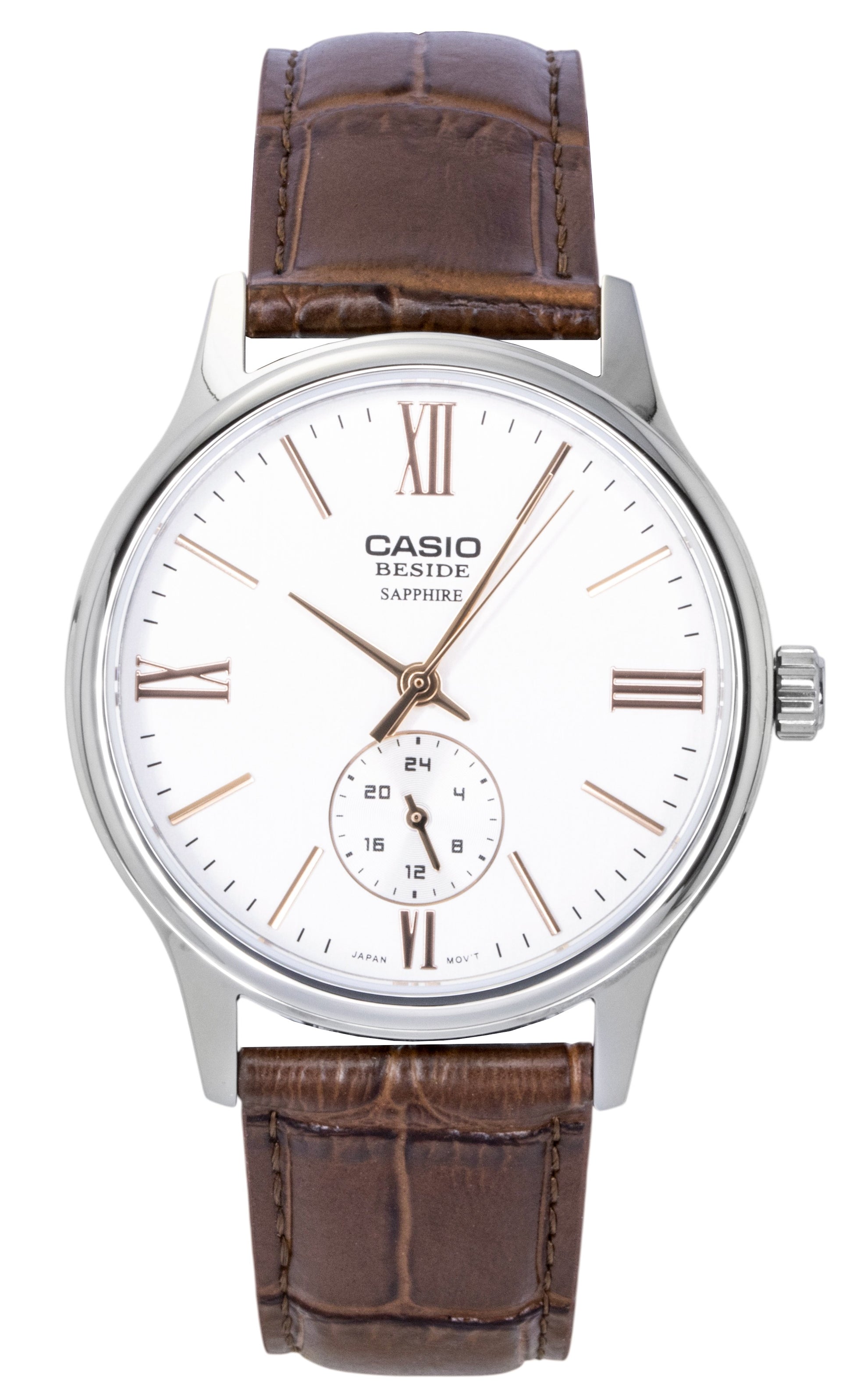 Casio Quartz movement White Leather Male BMS-100L-5AV. A brand-new Casio watch featuring a White dial and a Leather strap. Side view.