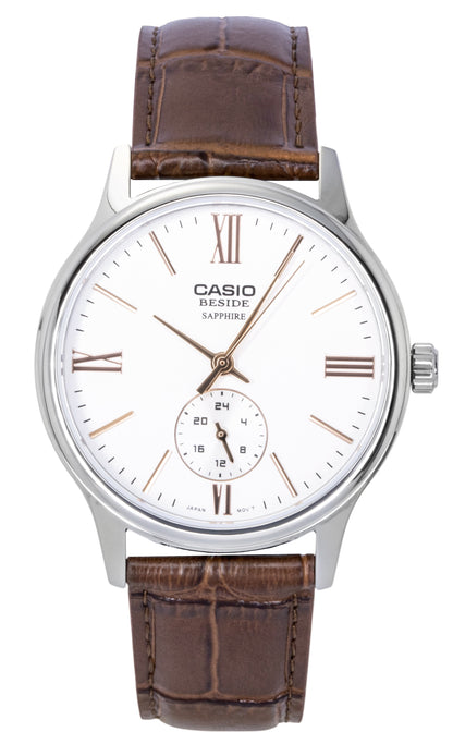 Casio Quartz movement White Leather Male BMS-100L-5AV. A brand-new Casio watch featuring a White dial and a Leather strap. Side view.