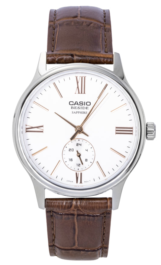 Casio Quartz movement White Leather Male BMS-100L-5AV. A brand-new Casio watch featuring a White dial and a Leather strap. Side view.