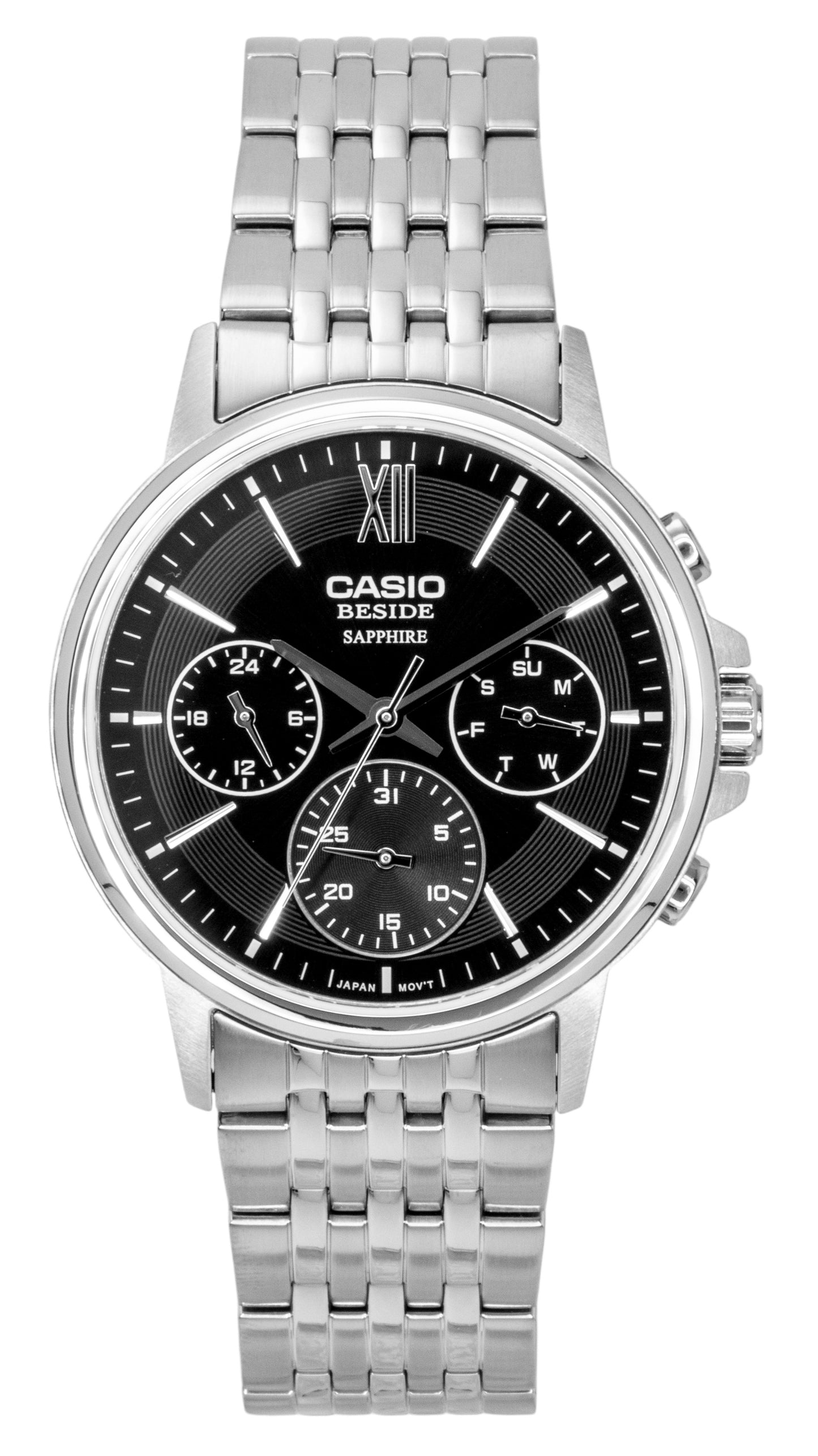 Casio Quartz movement Black Stainless steel Male BMS-300D-1AV. A brand-new Casio watch featuring a Black dial and a Stainless steel strap. Side view.