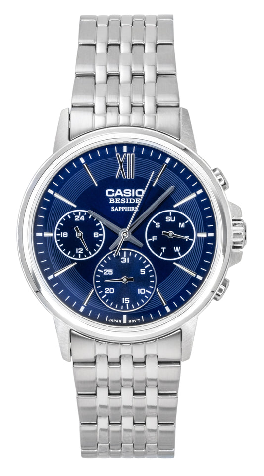 Casio Quartz movement Blue Stainless steel Male BMS-300D-2AV. A brand-new Casio watch featuring a Blue dial and a Stainless steel strap. Angled view.