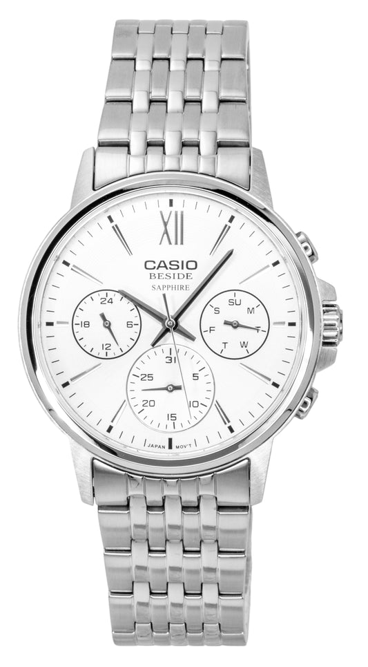 Casio Quartz movement Silver Stainless steel Male BMS-300D-7AV. A brand-new Casio watch featuring a Silver dial and a Stainless steel strap. Front view.