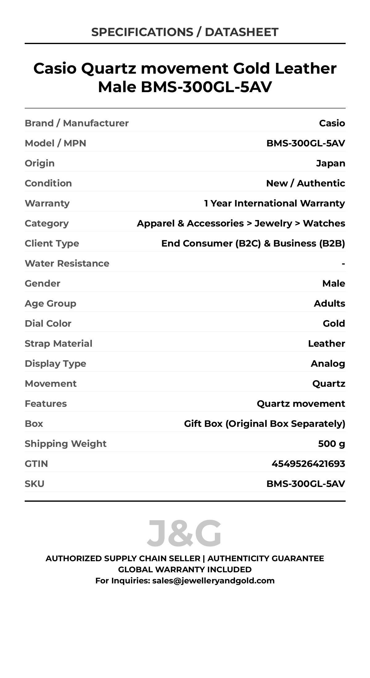 Casio Quartz movement Gold Leather Male BMS-300GL-5AV - Specifications