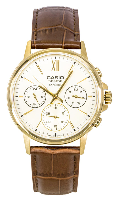 Casio Quartz movement Gold Leather Male BMS-300GL-5AV. A brand-new Casio watch featuring a Gold dial and a Leather strap. Side view.