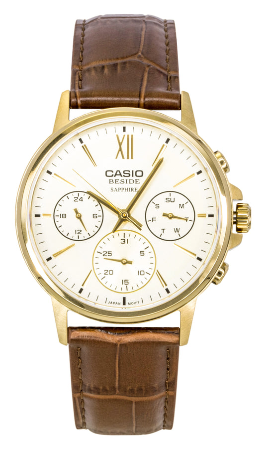 Casio Quartz movement Gold Leather Male BMS-300GL-5AV. A brand-new Casio watch featuring a Gold dial and a Leather strap. Side view.