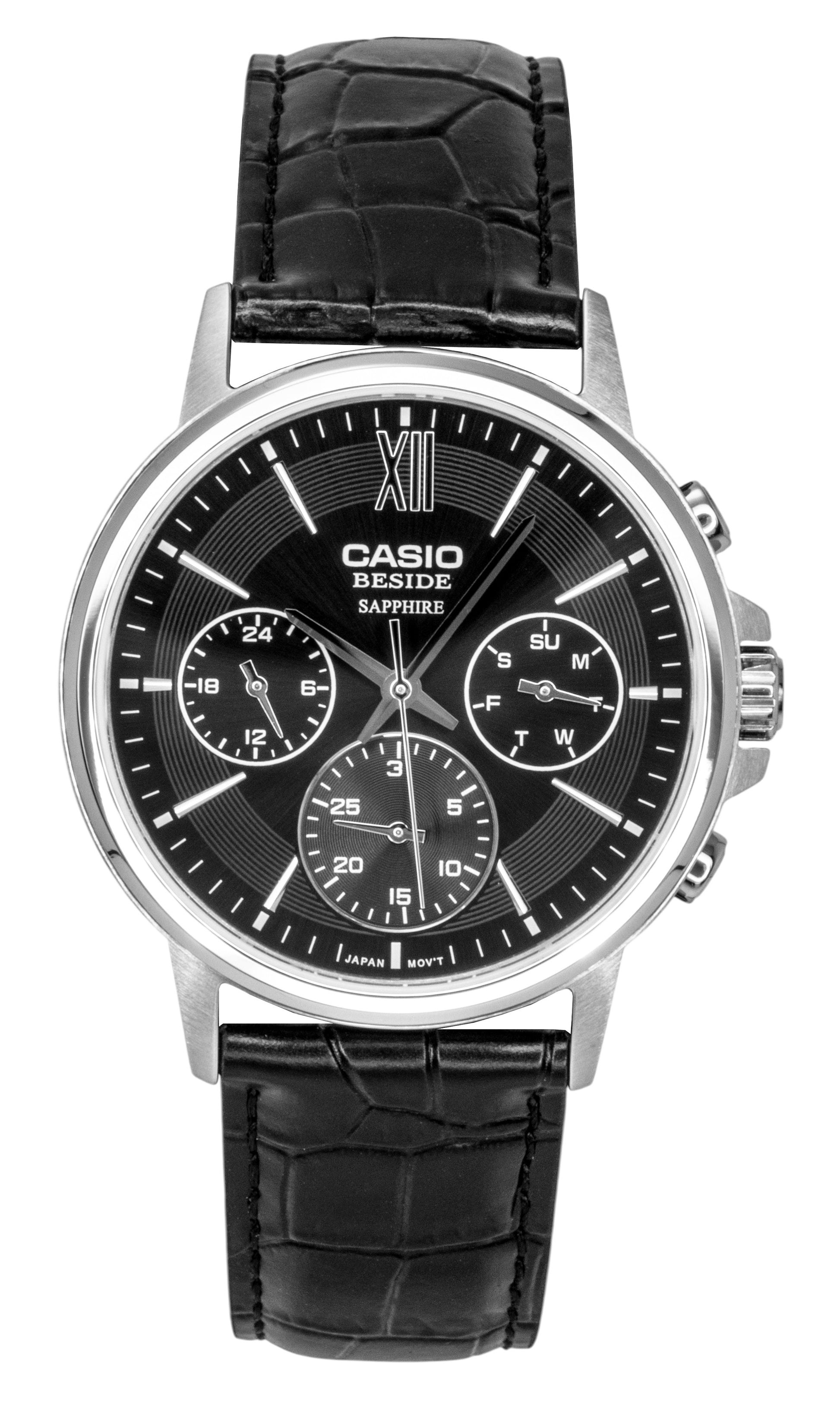 Casio Quartz movement Black Leather Male BMS-300L-1AV. A brand-new Casio watch featuring a Black dial and a Leather strap. Side view.