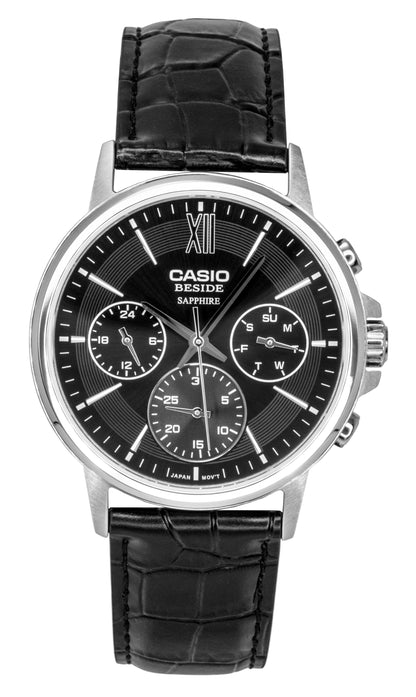 Casio Quartz movement Black Leather Male BMS-300L-1AV. A brand-new Casio watch featuring a Black dial and a Leather strap. Side view.