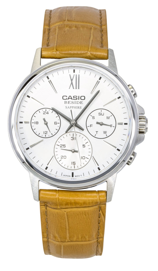 Casio Quartz movement Silver Leather Male BMS-300L-5AV. A brand-new Casio watch featuring a Silver dial and a Leather strap. Angled view.
