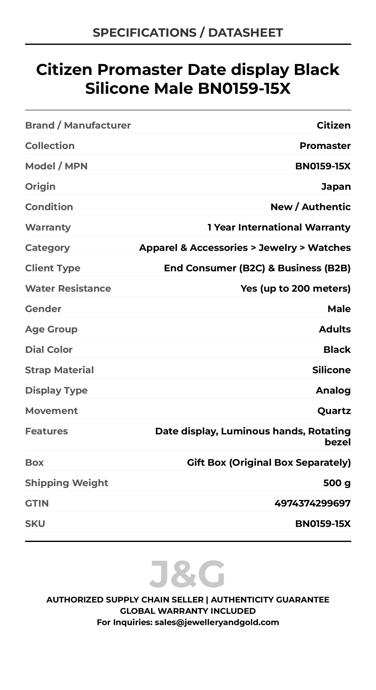Citizen Promaster Date display Black Silicone Male BN0159-15X - Specifications