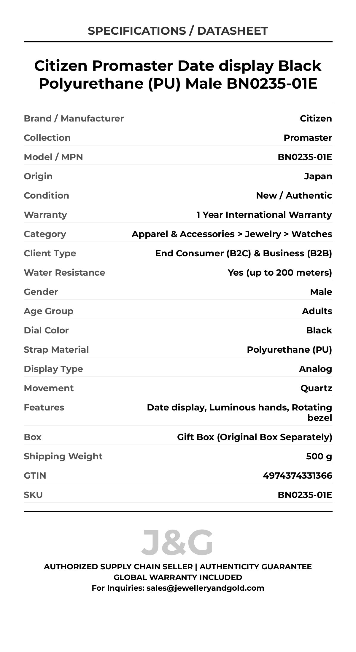 Citizen Promaster Date display Black Polyurethane (PU) Male BN0235-01E - Specifications