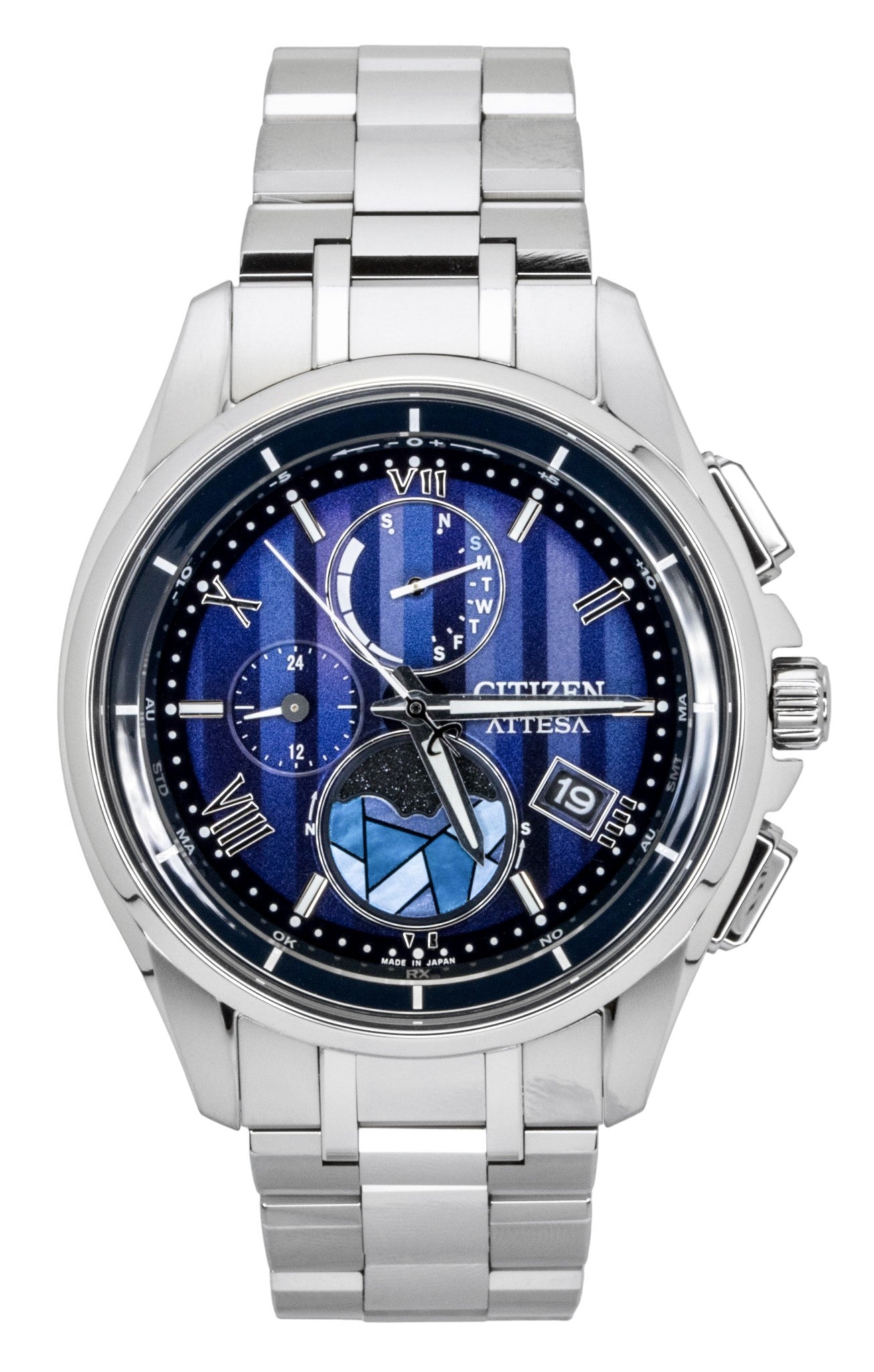 Citizen Attesa Limited Edition Super Titanium Blue Dial. A brand-new Citizen Eco-Drive watch featuring a Blue dial and a Titanium strap. Side view.