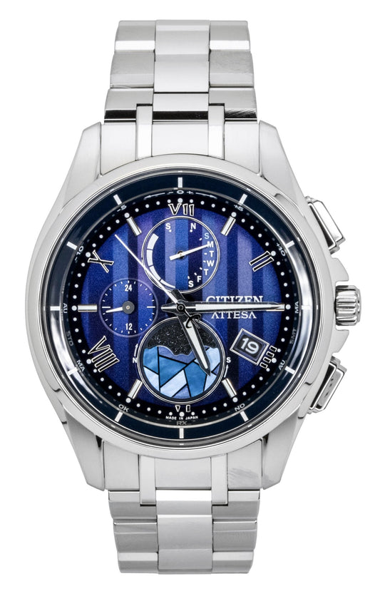 Citizen Attesa Limited Edition Super Titanium Blue Dial. A brand-new Citizen Eco-Drive watch featuring a Blue dial and a Titanium strap. Side view.