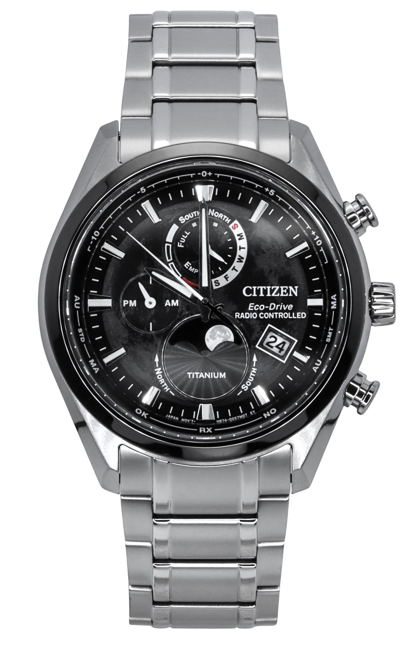 Citizen Eco-Drive Moon phase display Black Titanium Male BY1018-80E. A brand-new Citizen Eco-Drive watch featuring a Black dial and a Titanium strap. Angled view.