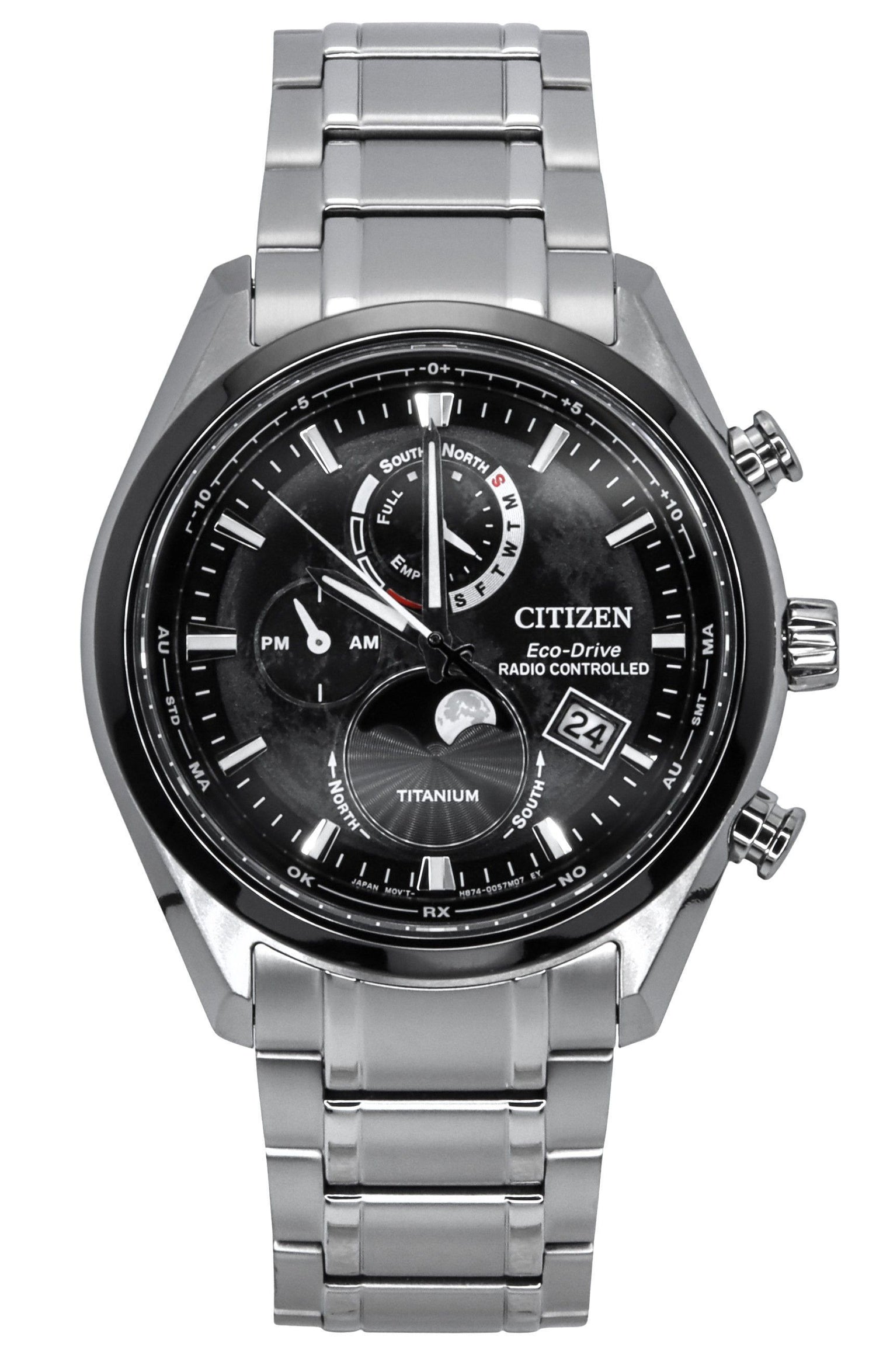Citizen Eco-Drive Moon phase display Black Titanium Male BY1018-80E. A brand-new Citizen Eco-Drive watch featuring a Black dial and a Titanium strap. Angled view.